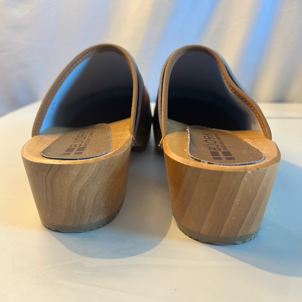 BJORK Maja Brown Leather Mule Clog with Wooden Sole Open Back Sz 39  8-8.5 - Picture 5 of 16